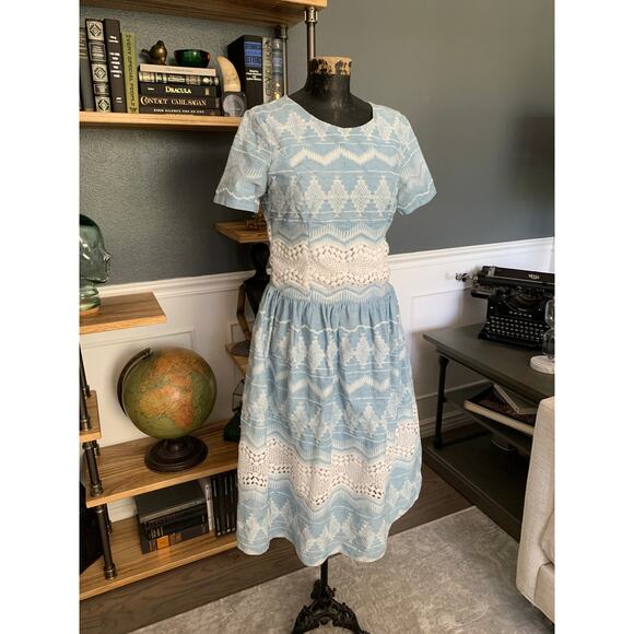 Blue-White Midi Dress, Fit and Flare, Westbem, Short Sleeve, ~ 220713-MEL 10 - Picture 1 of 10